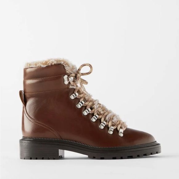 Zara Leather Lace Up Mountain Faux Fur Ankle Boots, Brown, Euro 38 (US 8), NWOT - Picture 3 of 15